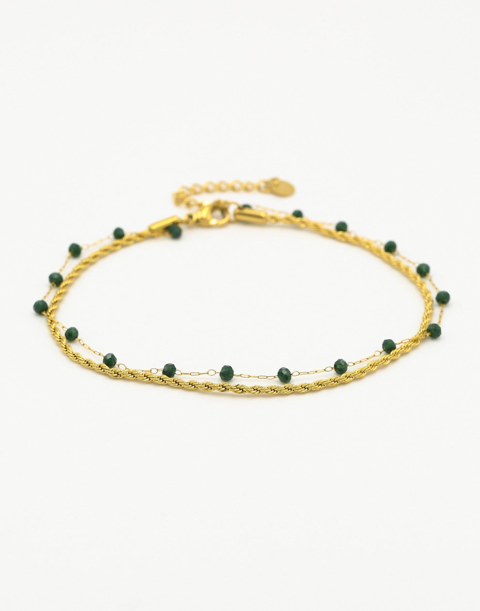 Enkelbandje dubbel met groene kralen