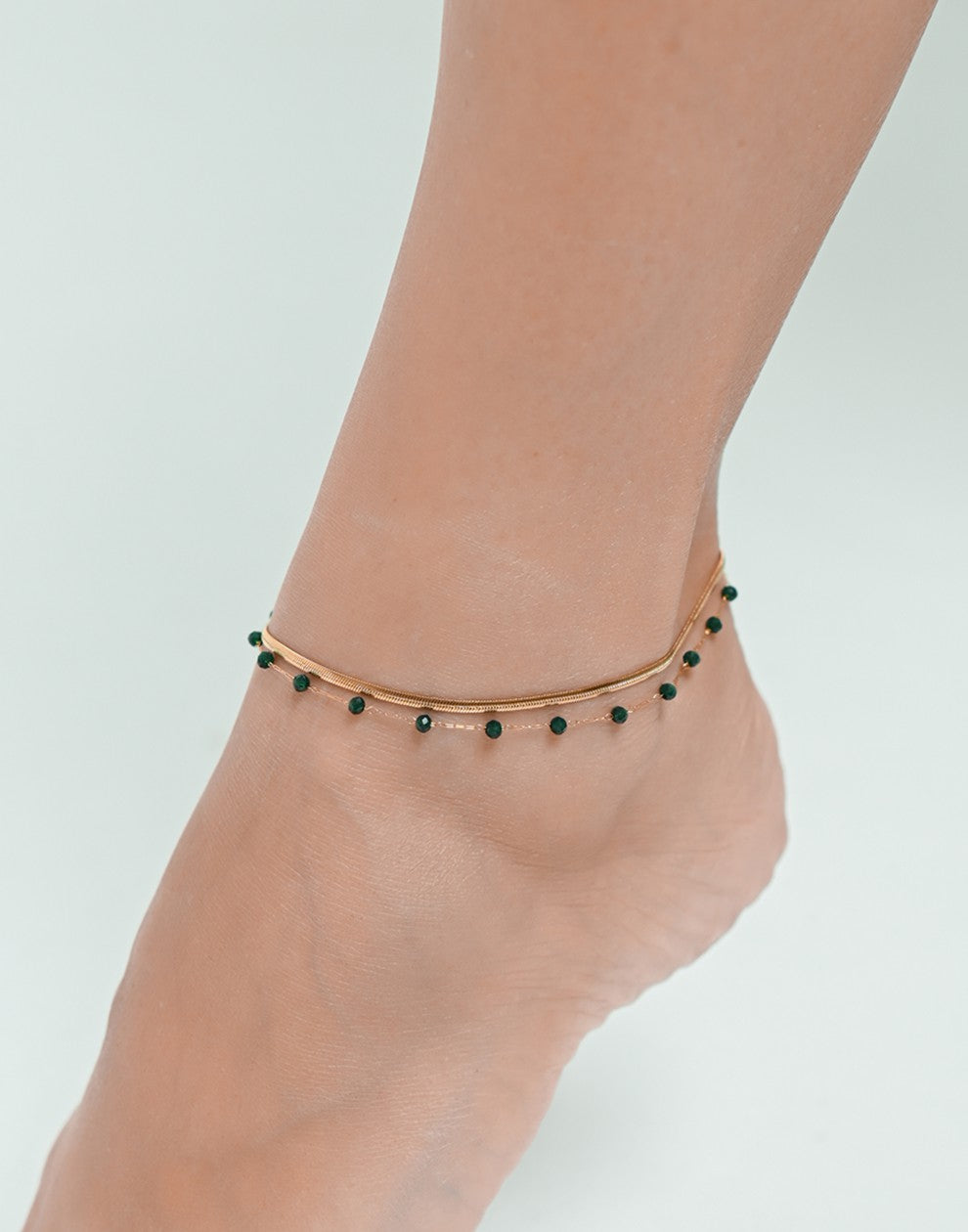 Enkelbandje snake met kralen groen