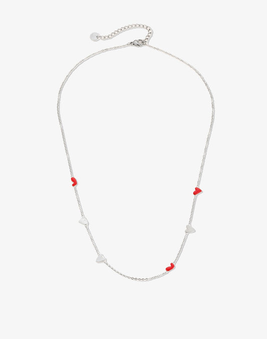 Ketting rode hartjes zilverkleurig