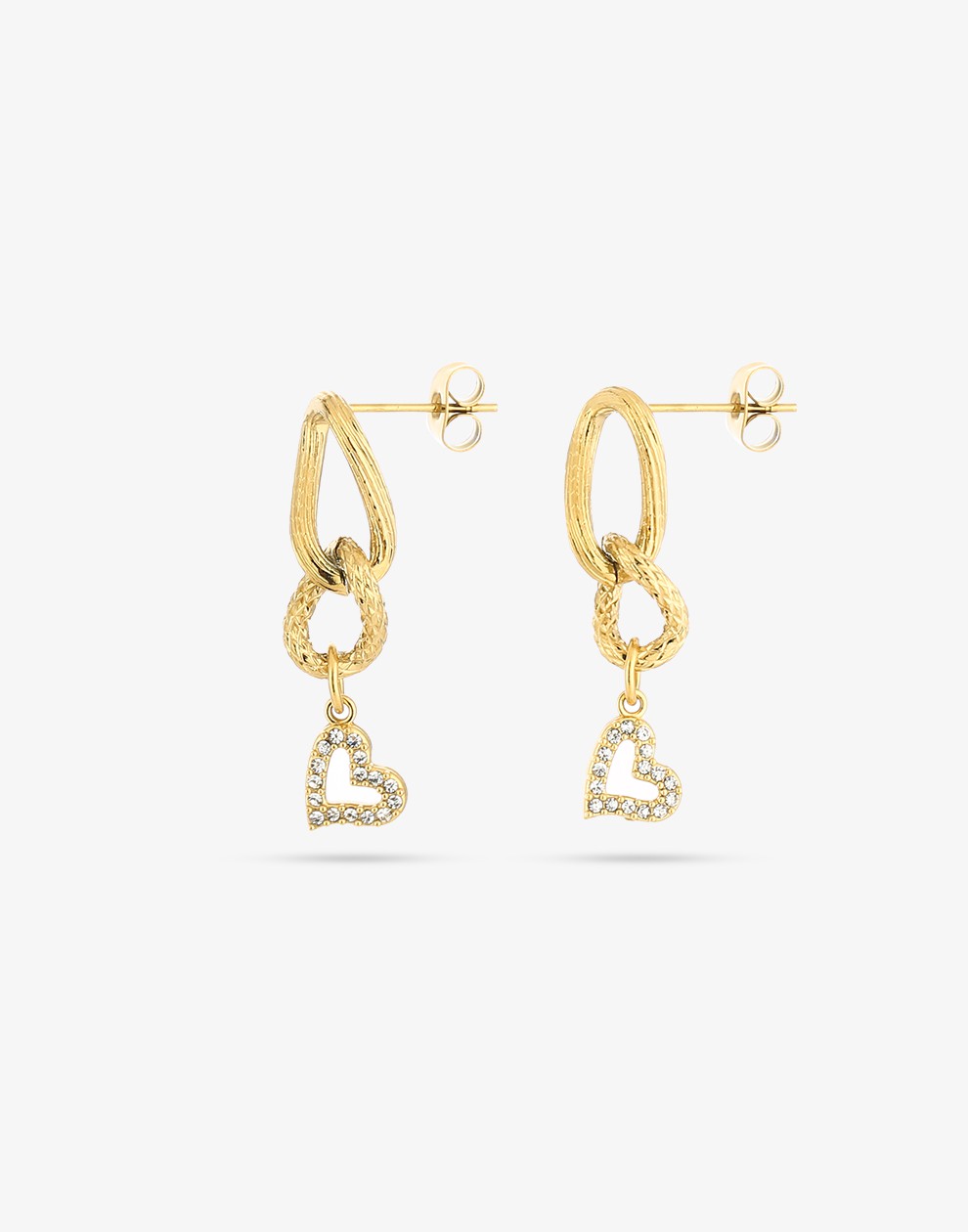 Stud earring link with rhinestone heart gold-colored