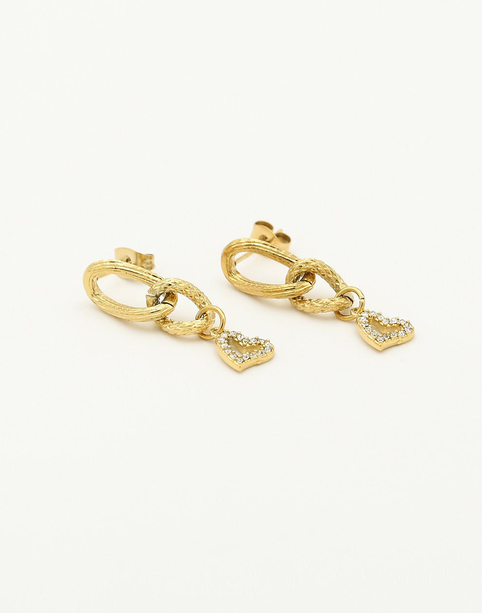Stud earring link with rhinestone heart gold-colored