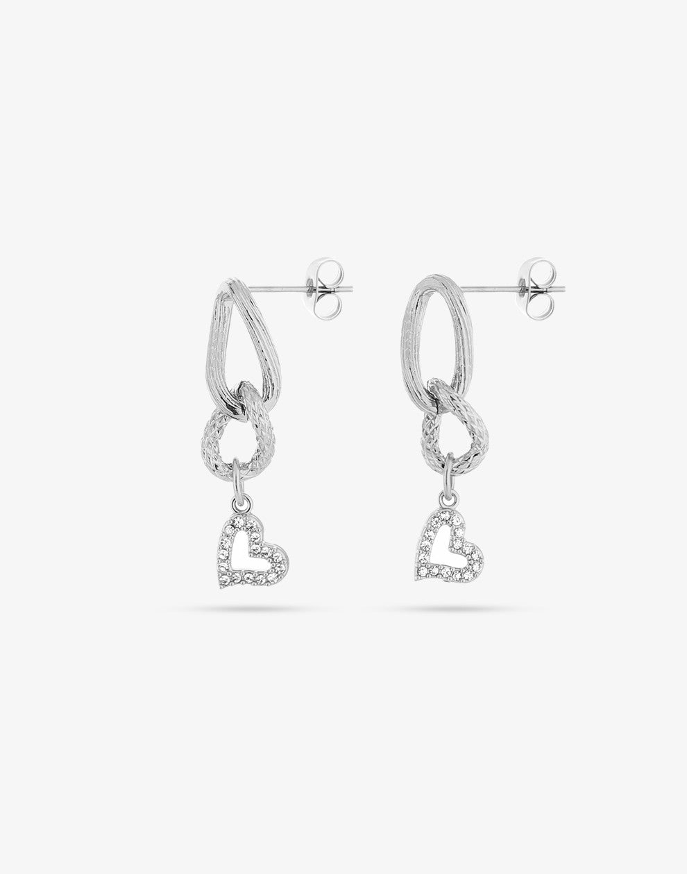 Stud earring link with rhinestone heart silver-colored