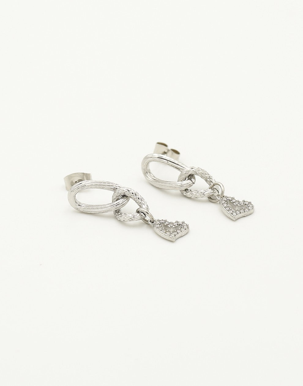 Stud earring link with rhinestone heart silver-colored