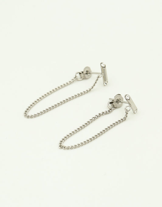 Oorsteker staafje strass met chain zilverkleurig