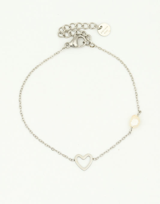 Armband open hartje met parel zilverkleurig