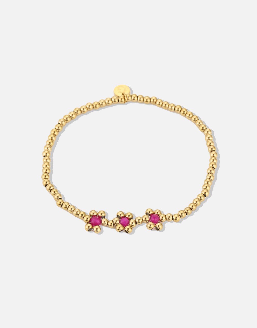 Stretch armband bolletjes bloemen fuchsia