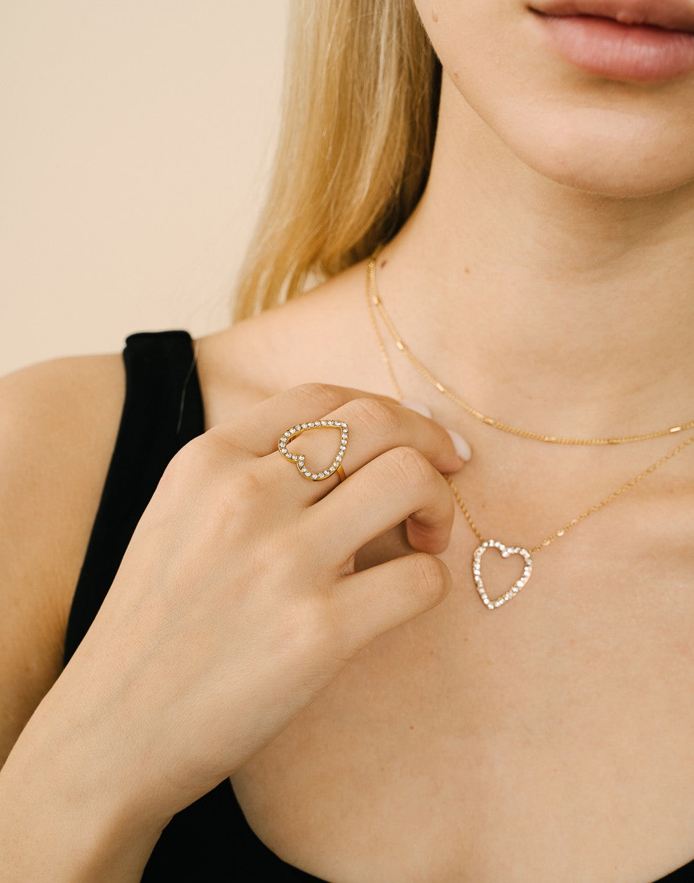 ring open hart strass goudkleurig