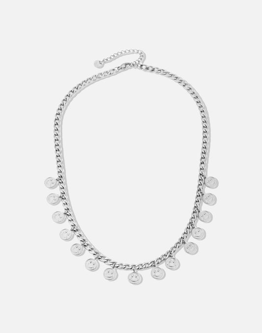 schakelketting met smiley muntjes zilverkleurig