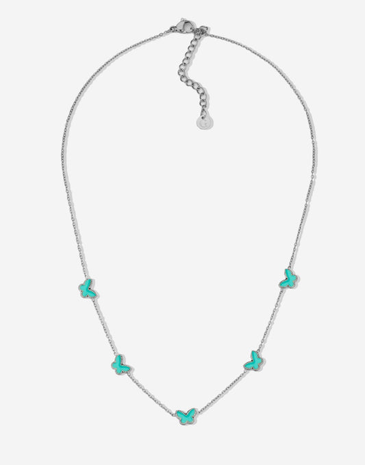 Ketting vlinders turquoise zilverkleurig