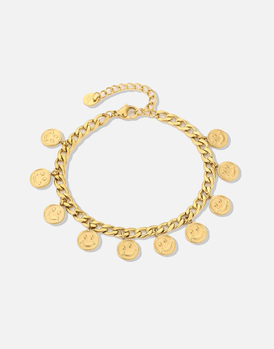 schakelarmband met smiley muntjes goudkleurig