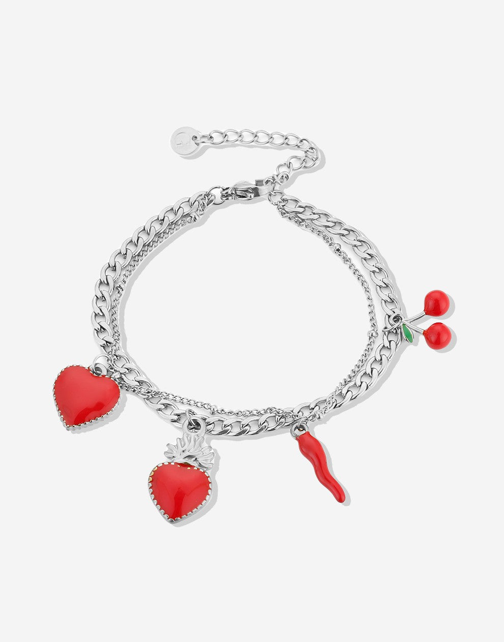 Schakelarmband rode bedels zilverkleurig