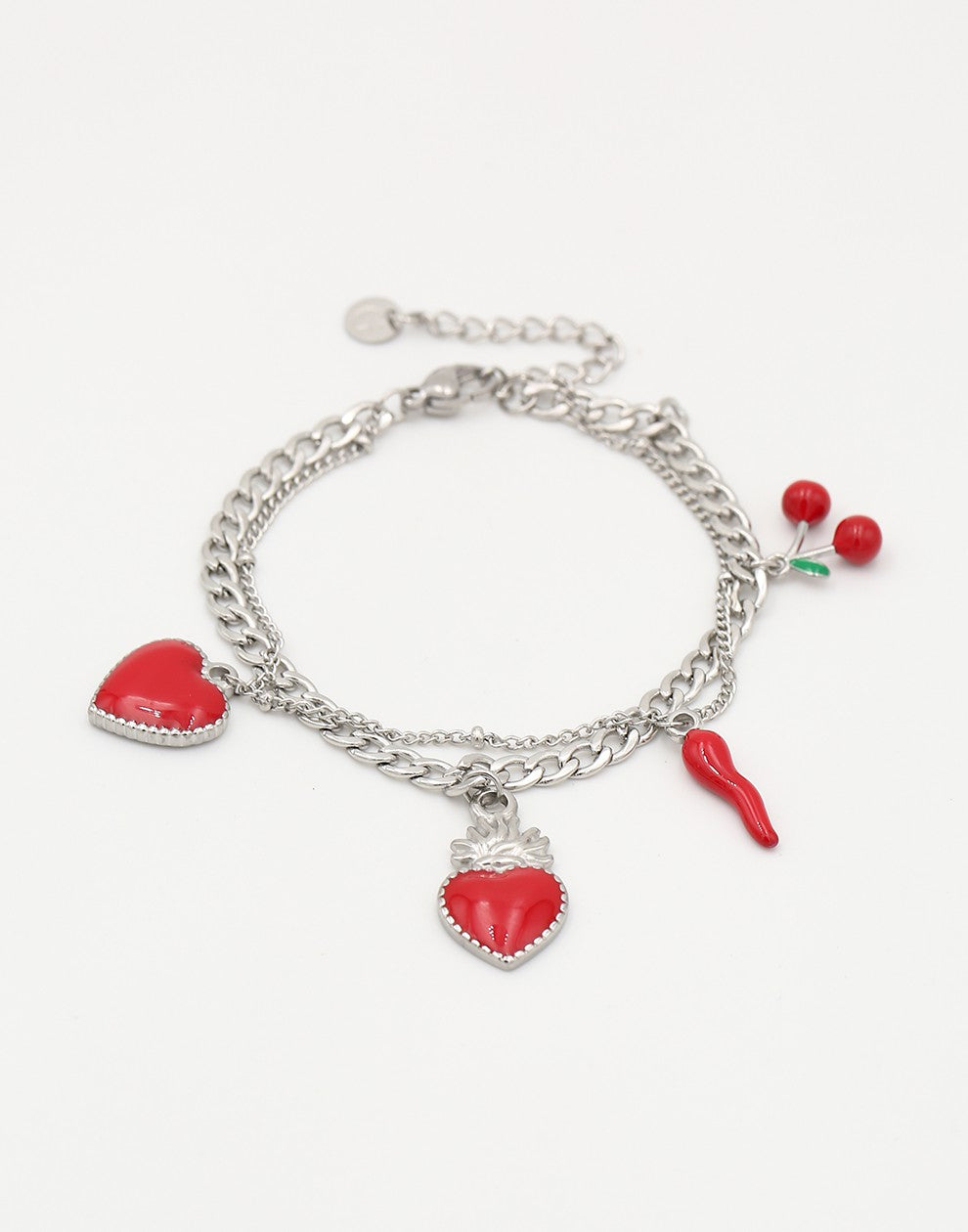 Schakelarmband rode bedels zilverkleurig
