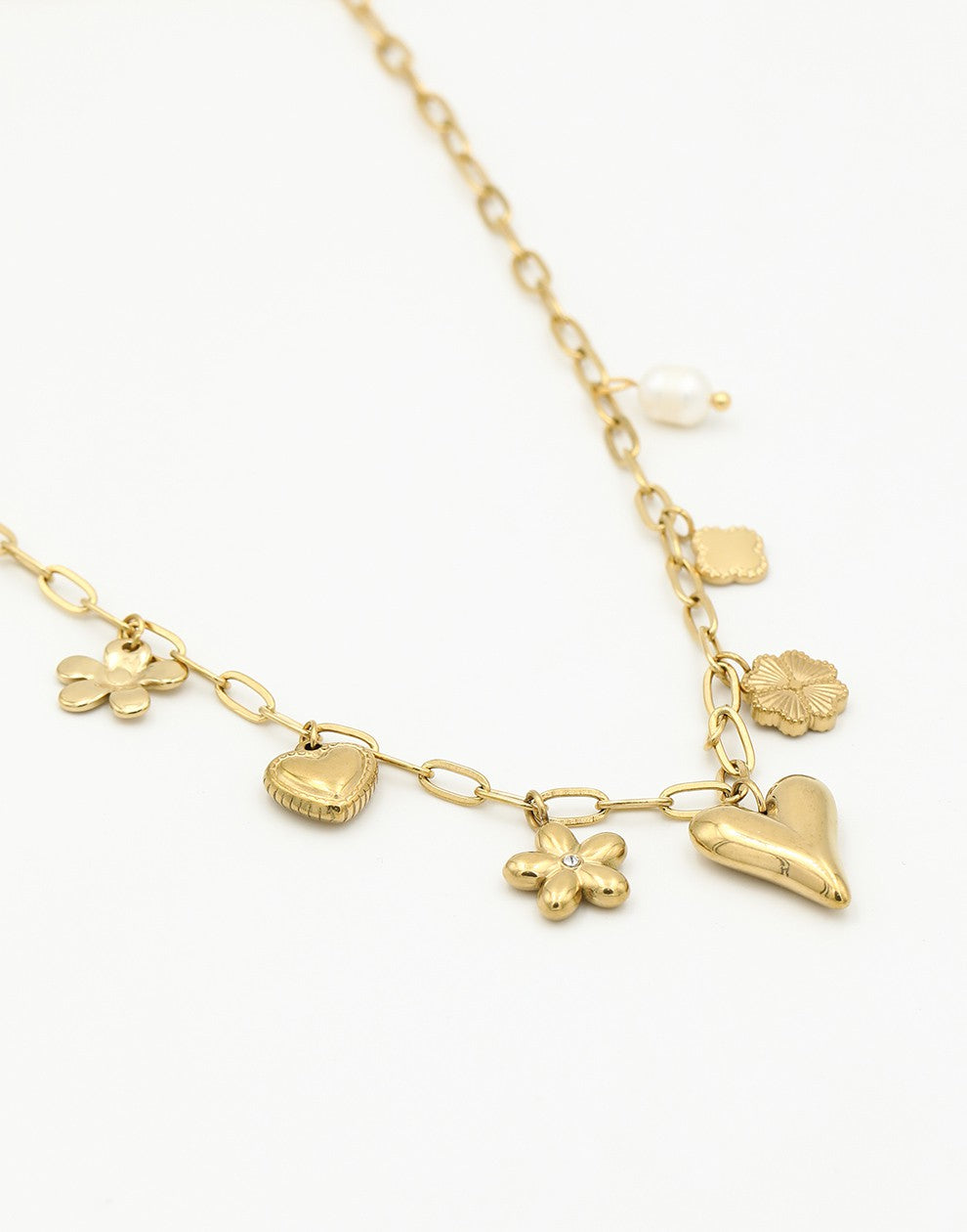 Bedelketting bloemen en hartjes goudkleurig