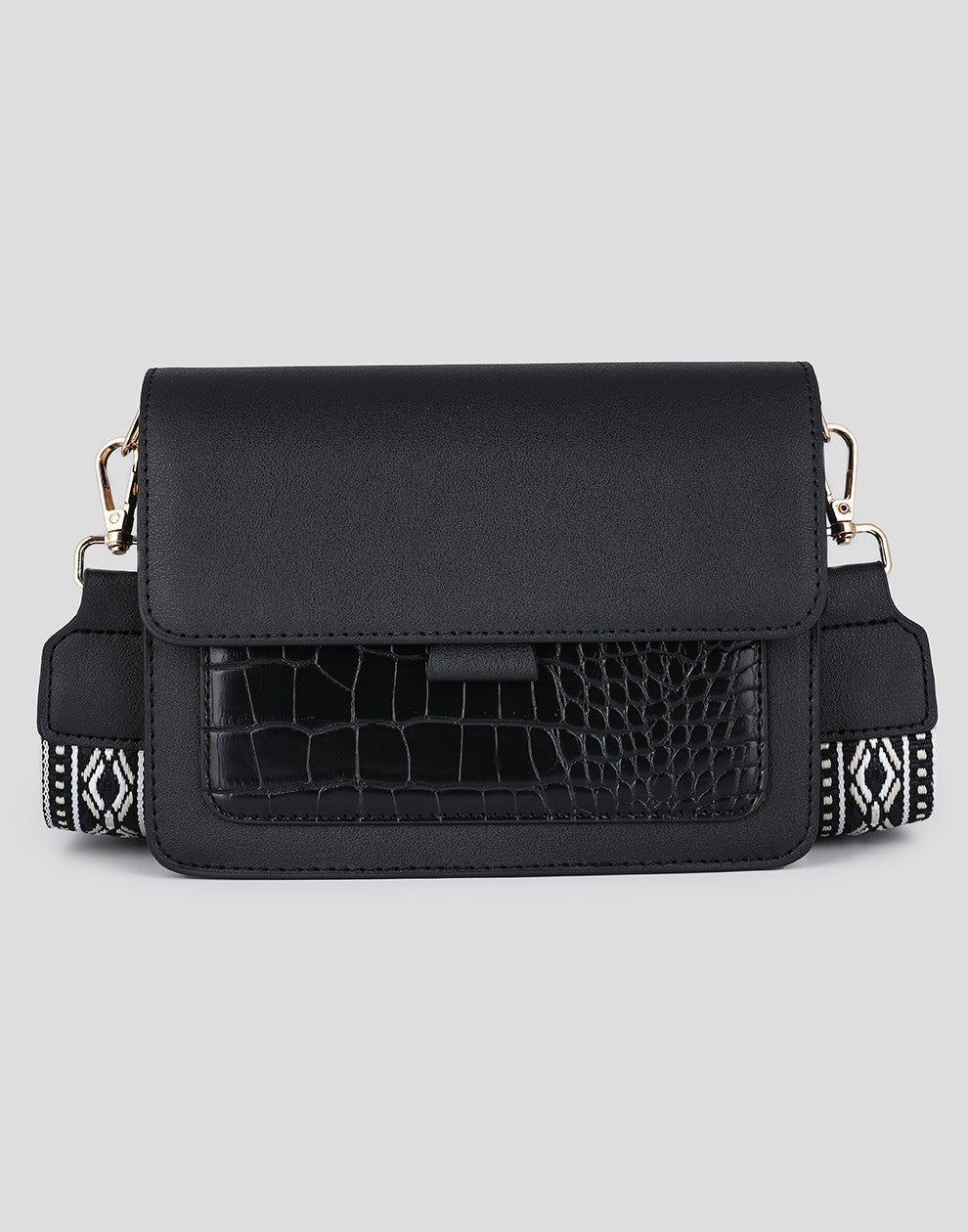 Schoudertas zwart croco met luxe band