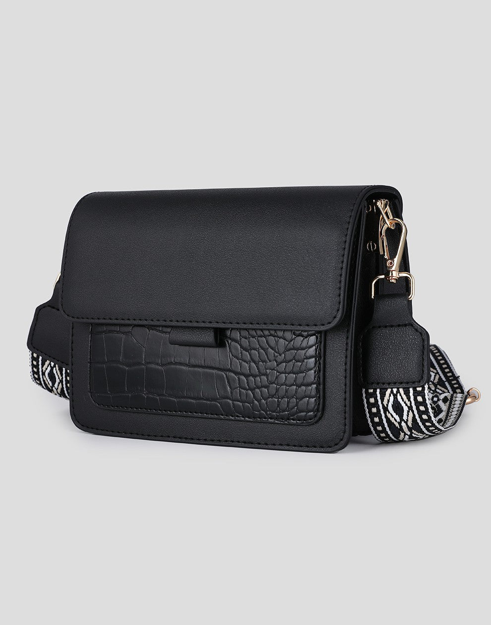 Schoudertas zwart croco met luxe band