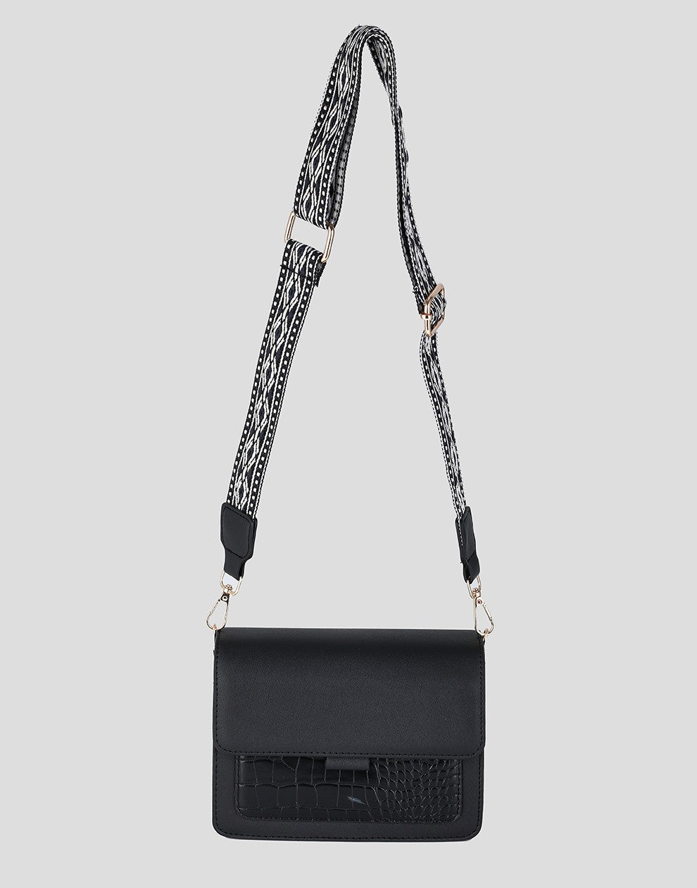 Schoudertas zwart croco met luxe band