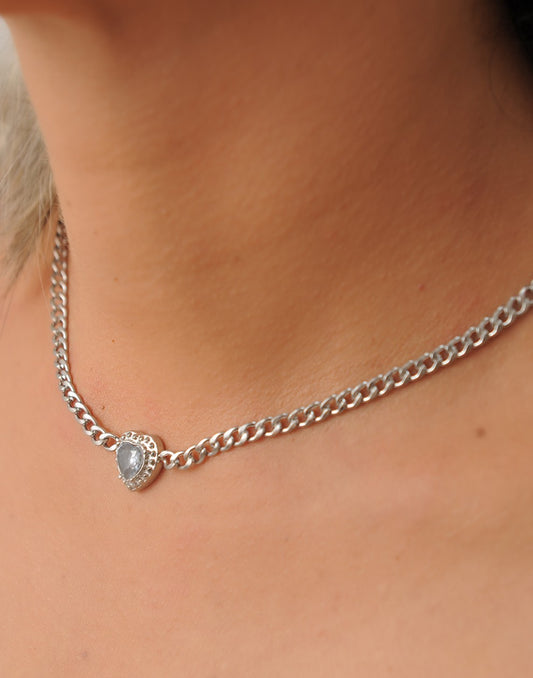 Fijne schakelketting hartje met steen zilverkleurig