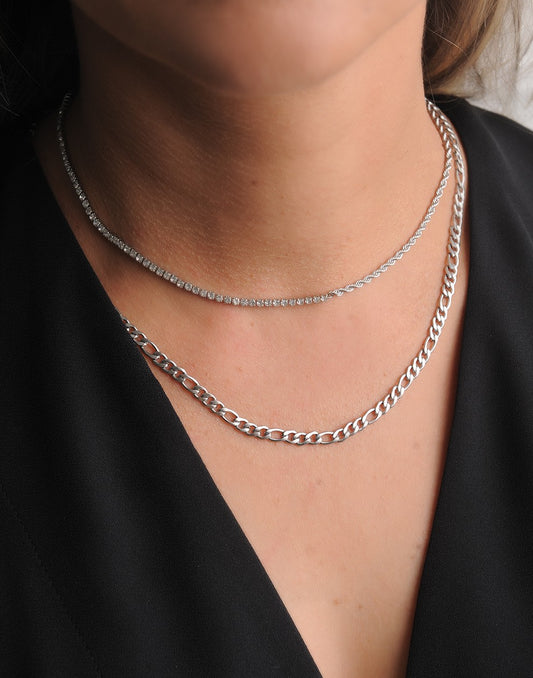 Ketting tennis en gedraaide schakel zilverkleurig