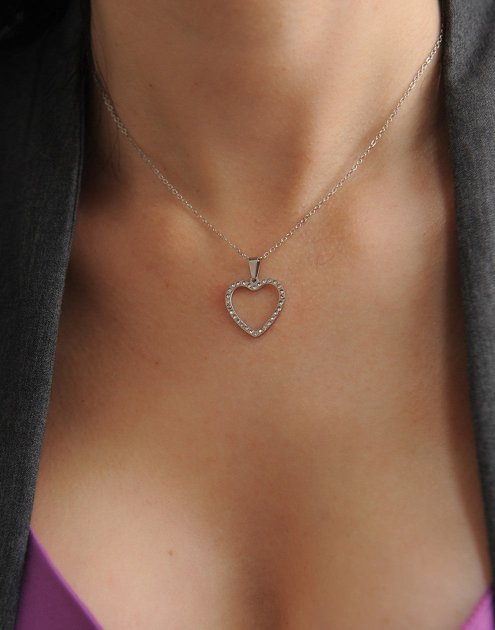 Ketting open hart met strass zilverkleurig