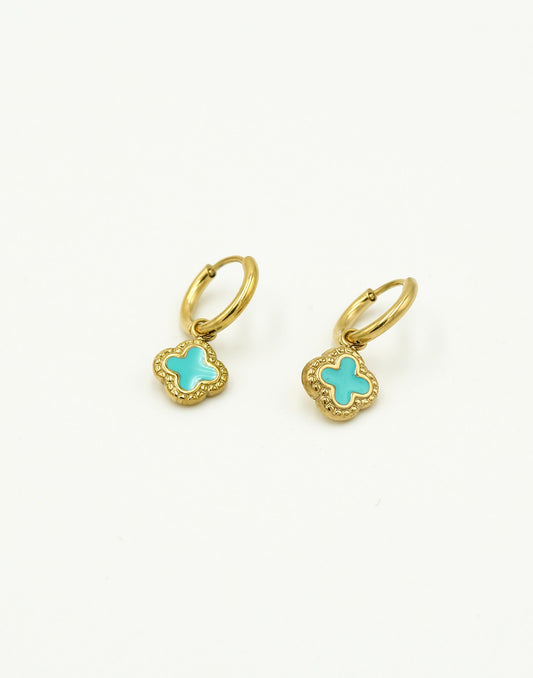 Oorringen met klaver turquoise goudkleurig