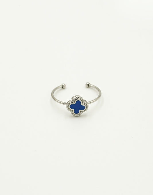 Ring klaver blauw zilverkleurig