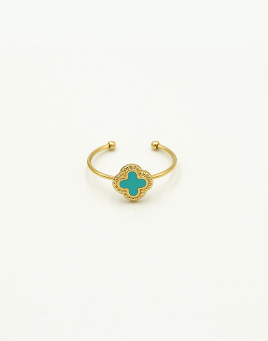 Ring klaver turquoise goudkleurig