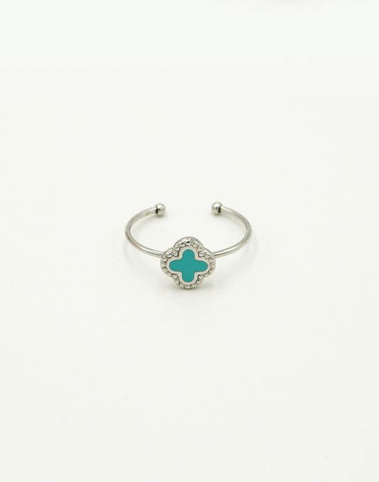 Ring klaver turquoise zilverkleurig