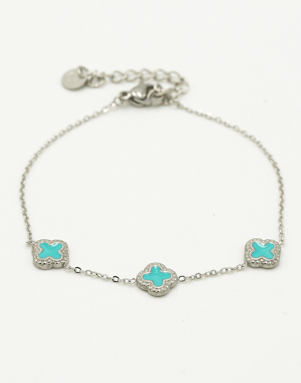 Armband klavers turquoise zilverkleurig