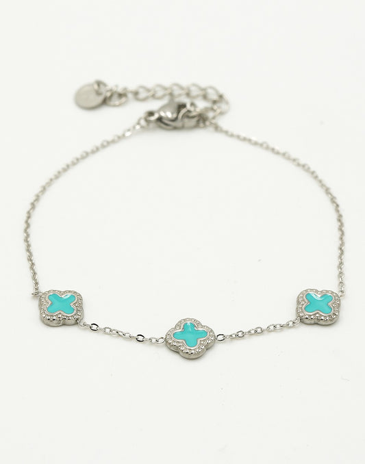 Armband klavers turquoise zilverkleurig
