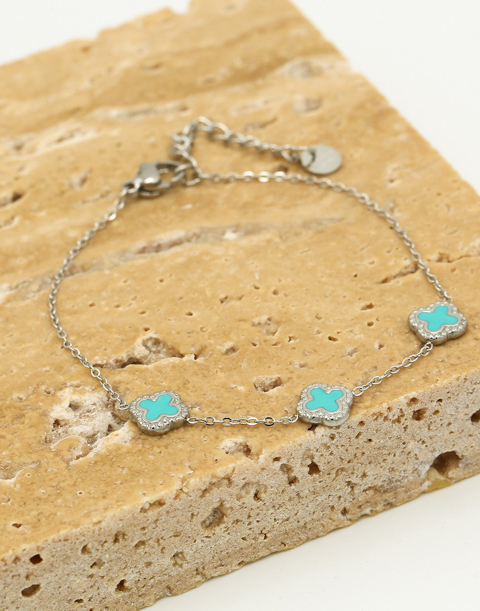 Armband klavers turquoise zilverkleurig