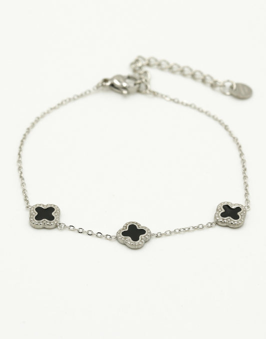 Armband klavers zwart zilverkleurig