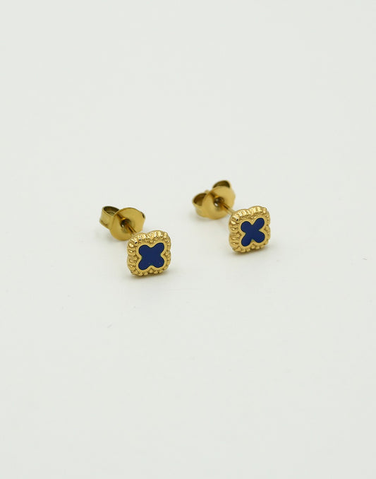 Studs klavers blauw goudkleurig