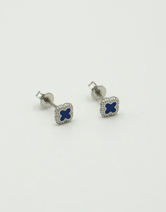 Studs klavers blauw zilverkleurig