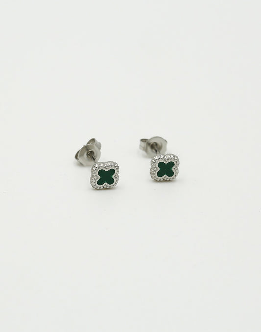 Studs klavers groen zilverkleurig