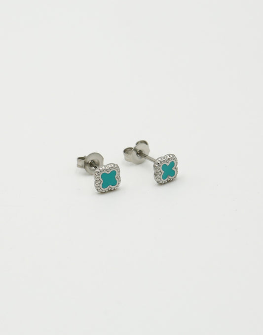 Studs klavers turquoise zilverkleurig