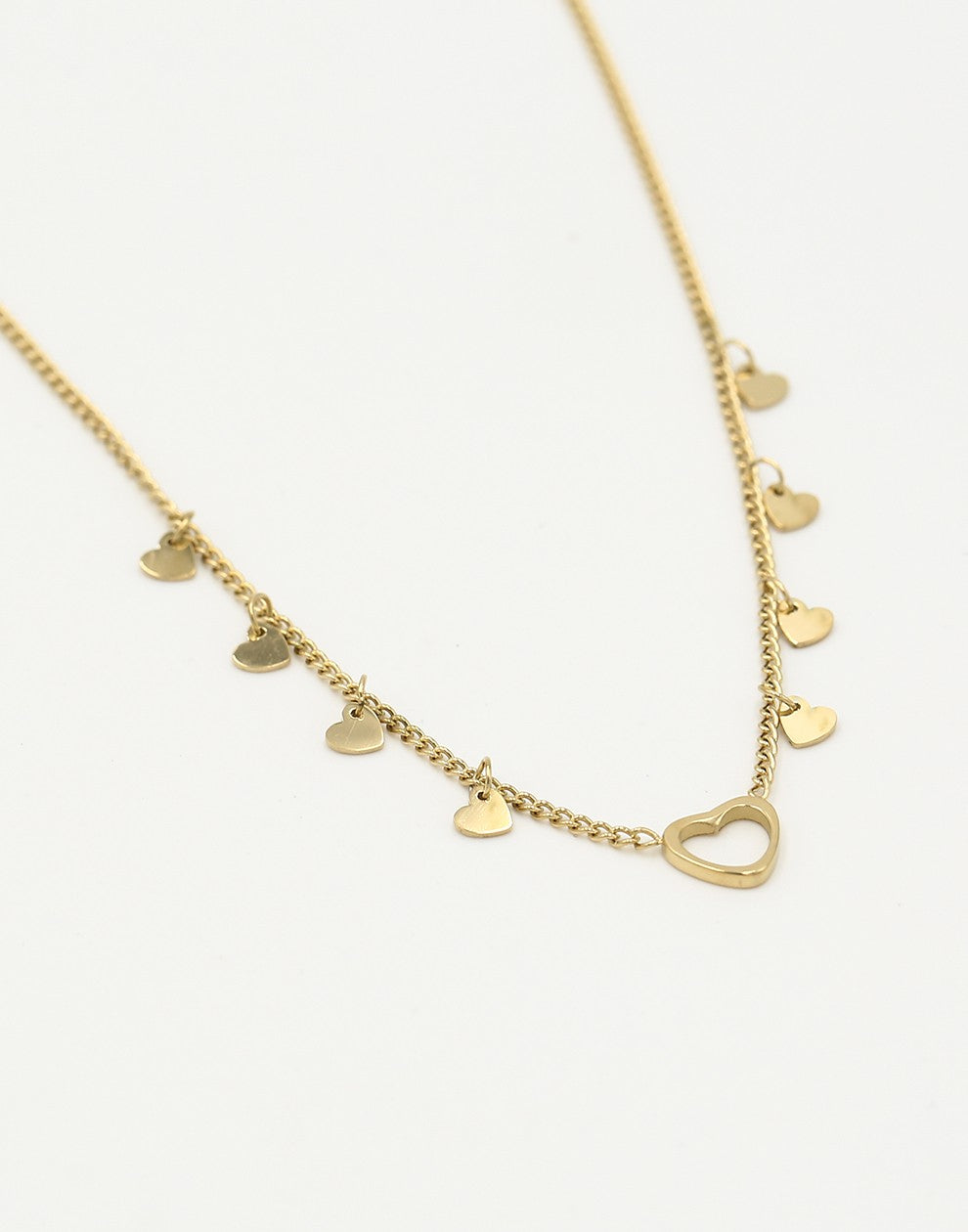 Fijne ketting open hartje met vallende hartjes goudkleurig