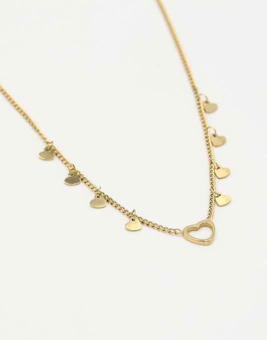 Fijne ketting open hartje met vallende hartjes goudkleurig