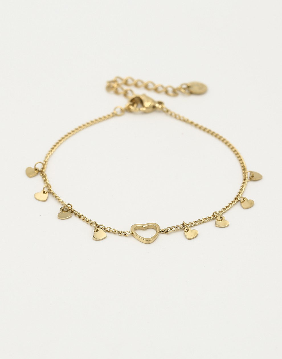 Fijne armband open hartje met vallende hartjes goudkleurig