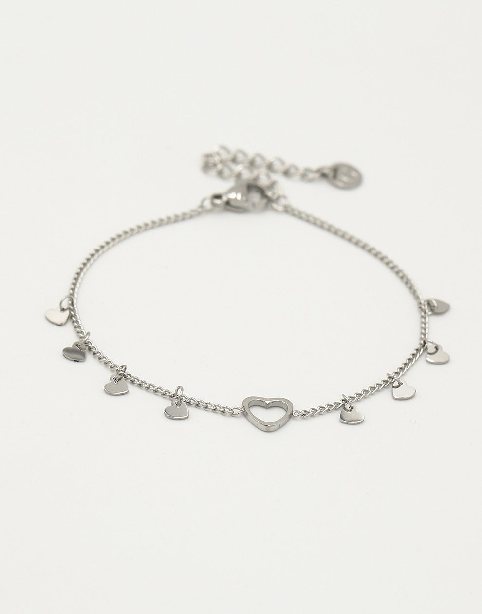 Fijne armband open hartje met vallende hartjes zilverkleurig