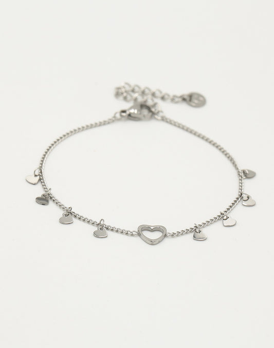 Fijne armband open hartje met vallende hartjes zilverkleurig