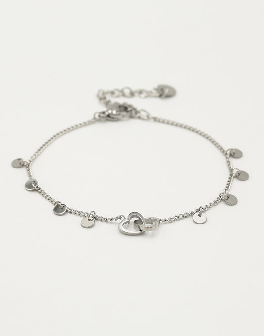 Armband dubbele hartjes met muntjes in zilverkleurig