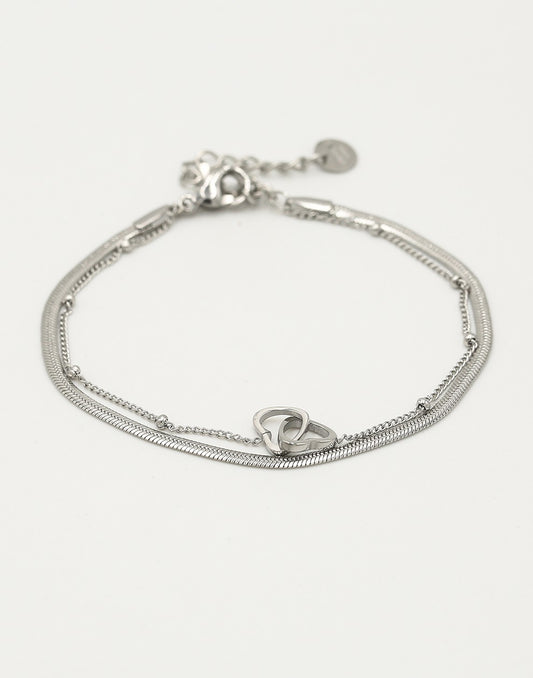 Dubbelle armband snake chain en hartjes zilverkleurig