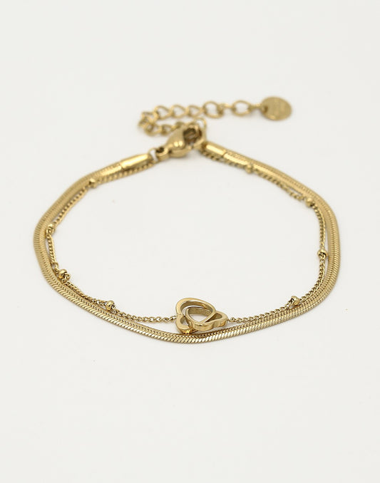 Dubbelle armband snake chain en hartjes goudkleurig