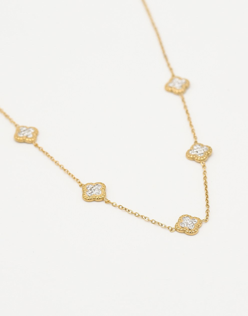 Ketting klavers met steentjes goudkleurig