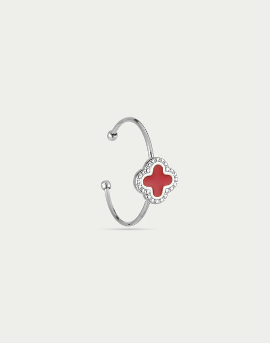 Ring klaver rood zilverkleurig