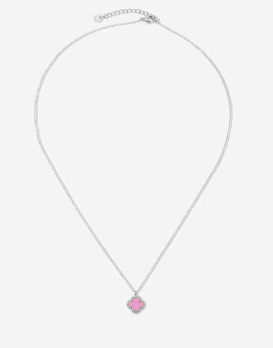 Lange ketting klaver roze zilverkleurig