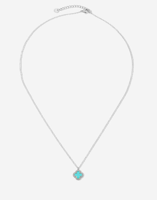 Lange ketting klaver turquoise zilverkleurig