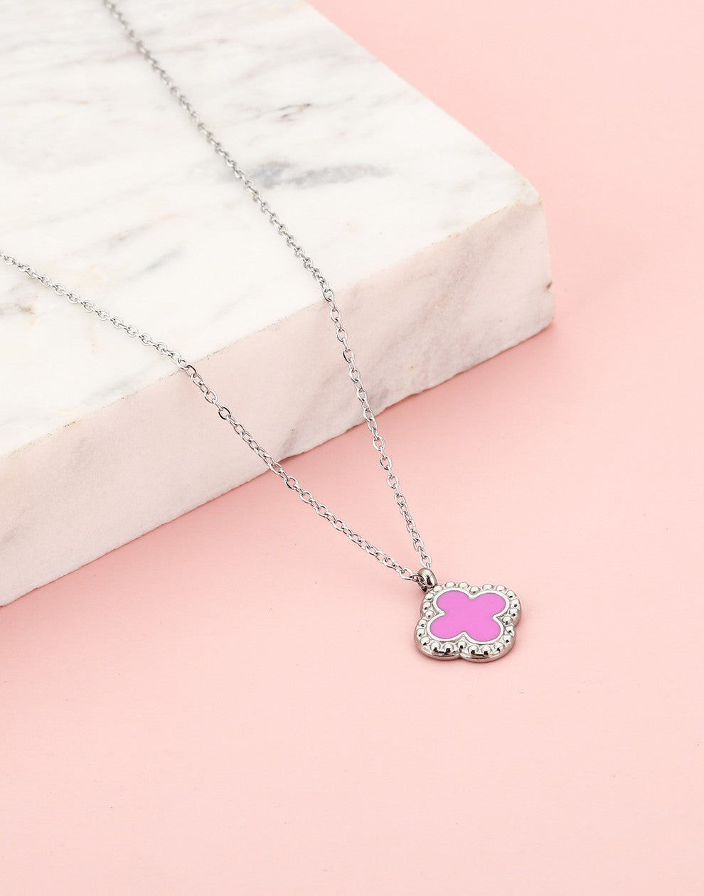Long necklace clover pink silver colored