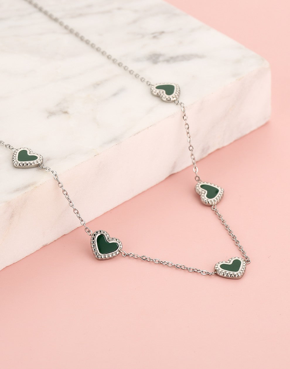 ketting vintage hartjes groen zilverkleurig