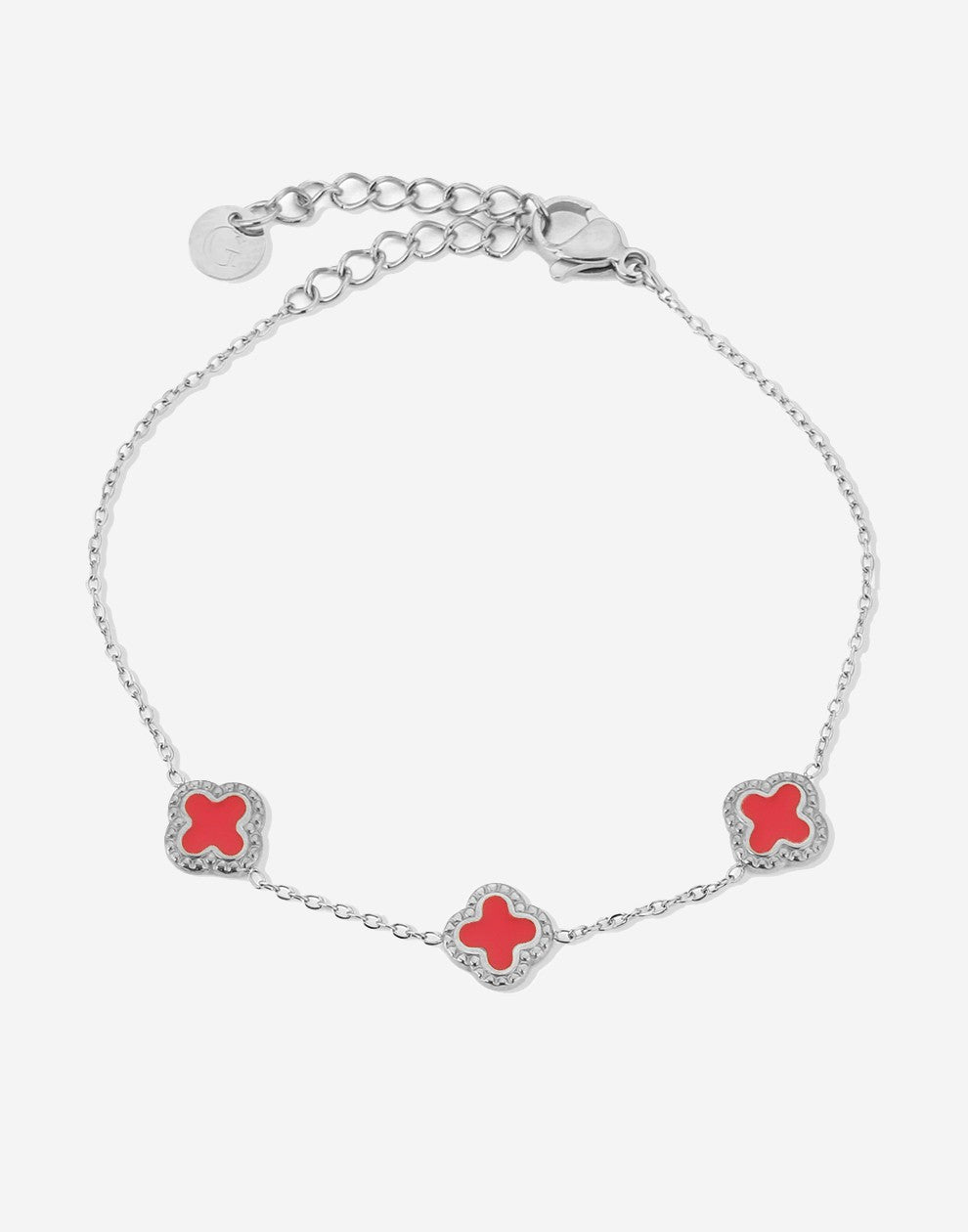 Armband klavers rood zilverkleurig
